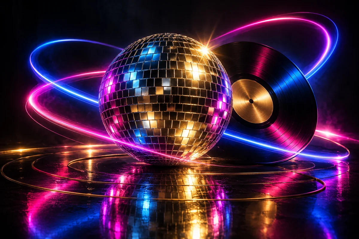 Chrome disco ball and vinyl with neon pink and blue light trails