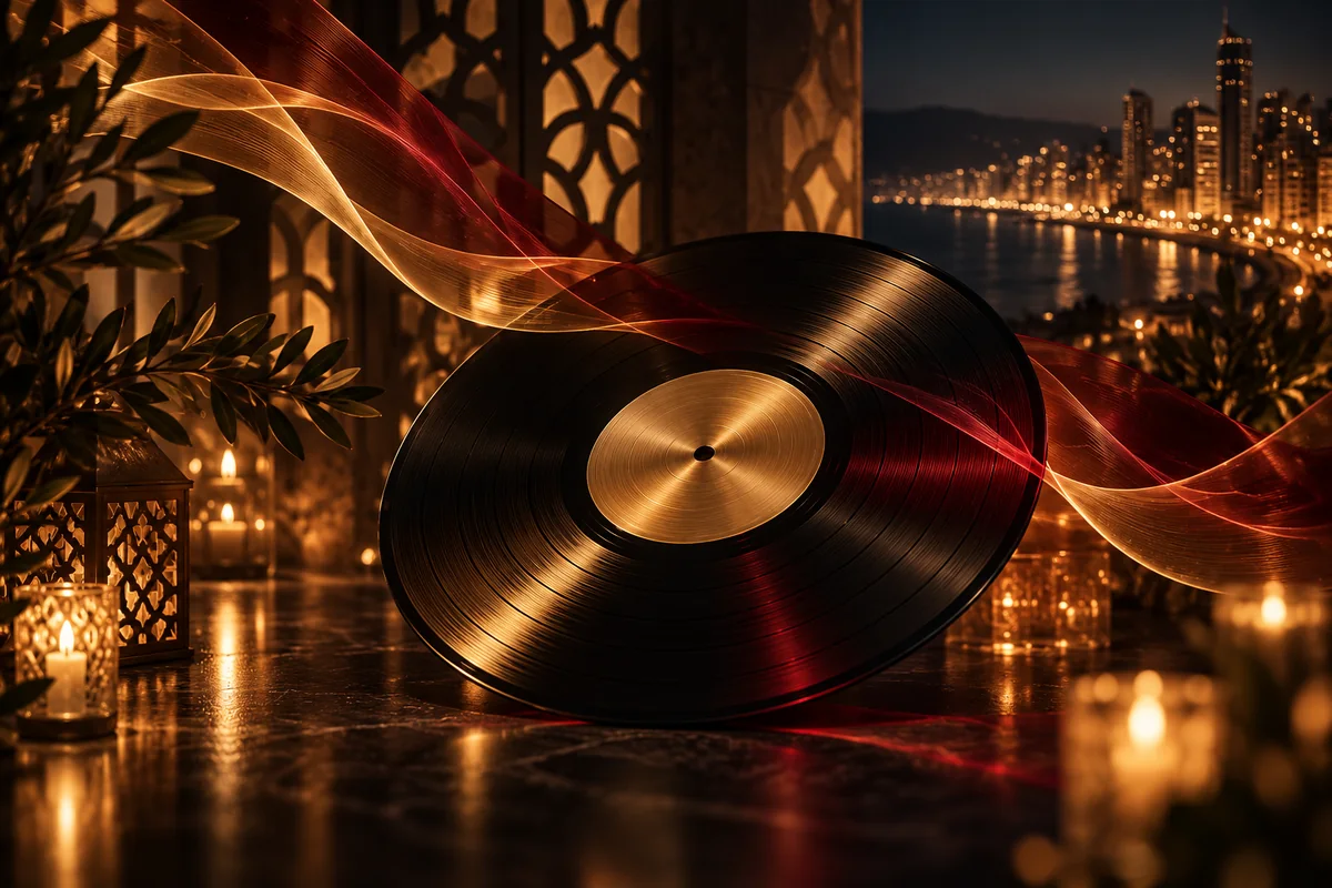 Vinyl record with warm gold and ruby light trails in an evening-inspired artwork