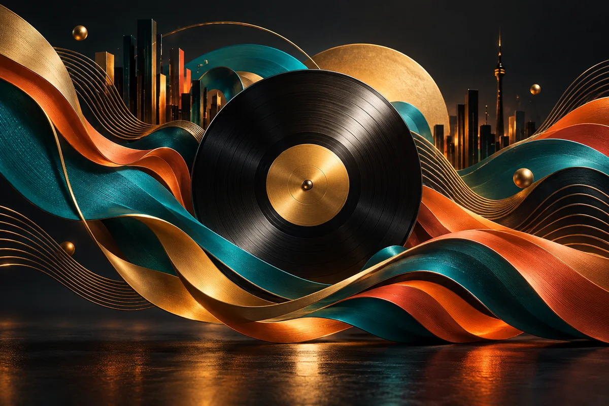 Vinyl and flowing teal, orange and gold ribbons in a South African music-inspired artwork